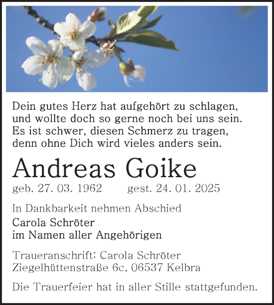 Traueranzeige von Andreas Goike von Trauerkombi Sangerhausen