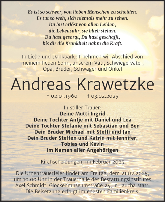 Traueranzeige von Andreas Krawetzke von Super Sonntag Naumburg/Nebra