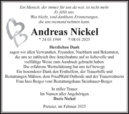 Traueranzeige von Andreas Nickel von Volksstimme Altmark West
