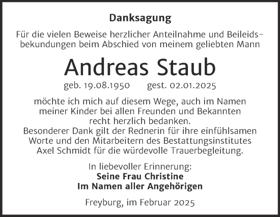 Traueranzeige von Andreas Staub von Super Sonntag Naumburg/Nebra