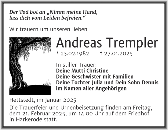 Traueranzeige von Andreas Trempler von Trauerkombi Mansfelder Land