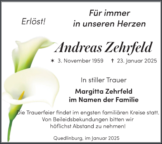 Traueranzeige von Andreas Zehrfeld von Trauerkombi Quedlinburg