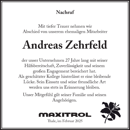 Traueranzeige von Andreas Zehrfeld von Mitteldeutsche Zeitung Quedlingburg