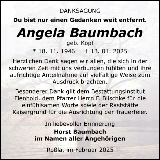 Traueranzeige von Angela Baumbach von Trauerkombi Sangerhausen