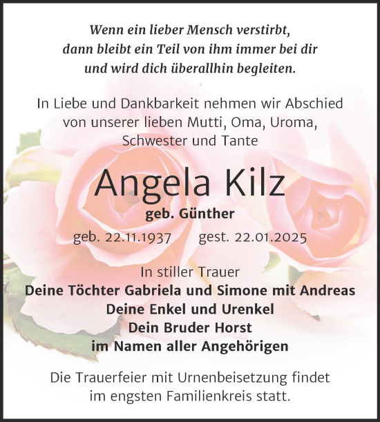 Traueranzeige von Angela Kilz von Trauerkombi Wittenberg