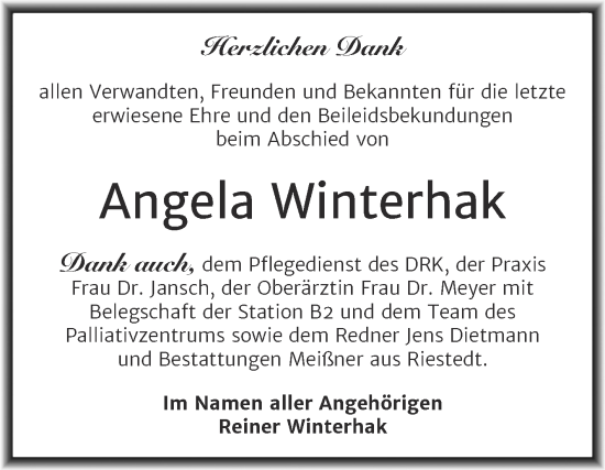 Traueranzeige von Angela Winterhak von Trauerkombi Sangerhausen