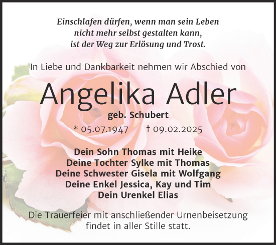 Traueranzeige von Angelika Adler von Trauerkombi Wittenberg