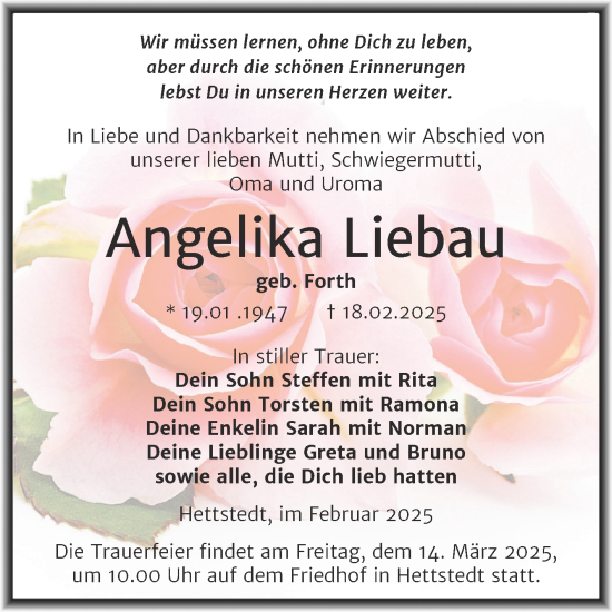 Traueranzeige von Angelika Liebau von Trauerkombi Mansfelder Land