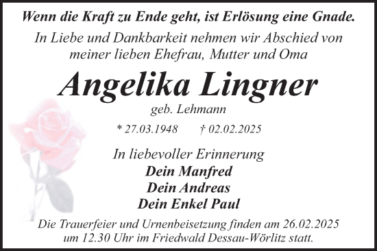 Traueranzeige von Angelika Lingner von Trauerkombi Dessau