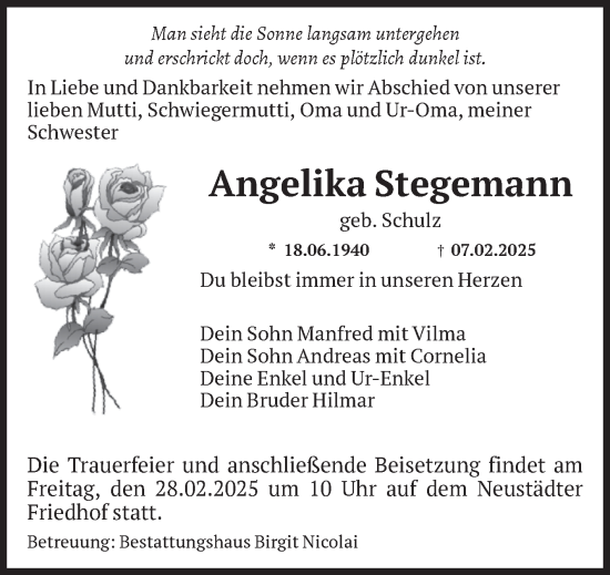 Traueranzeige von Angelika Stegemann von Volksstimme Magdeburg