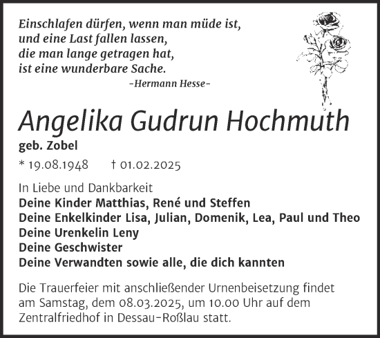 Traueranzeige von Angelika Gudrun Hochmuth von Trauerkombi Dessau