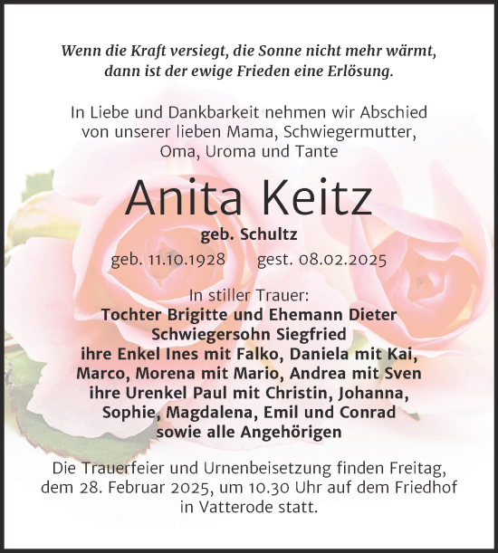 Traueranzeige von Anita Keitz von Trauerkombi Mansfelder Land