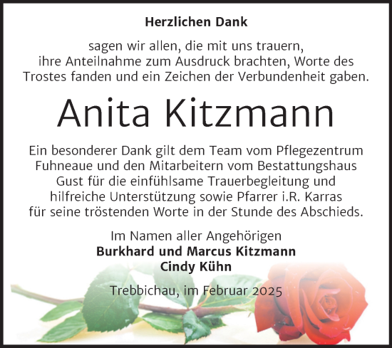 Traueranzeige von Anita Kitzmann von Trauerkombi Köthen