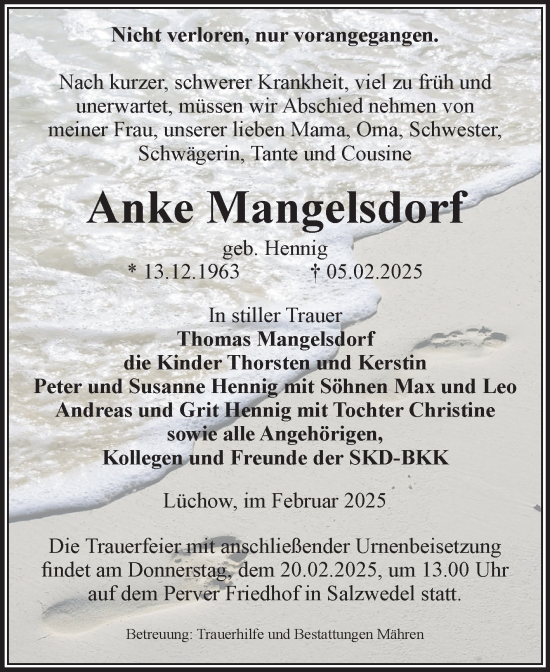 Traueranzeige von Anke Mangelsdorf von Volksstimme Altmark West