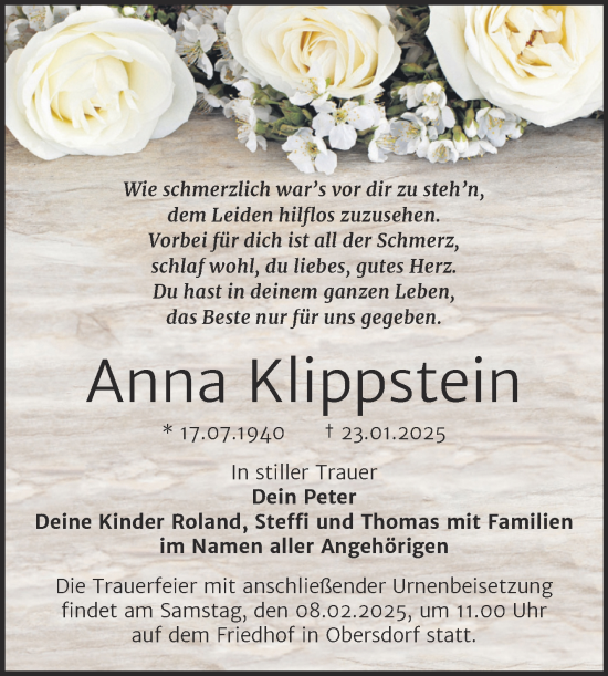 Traueranzeige von Anna Klippstein von Trauerkombi Sangerhausen