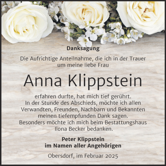Traueranzeige von Anna Klippstein von Trauerkombi Sangerhausen