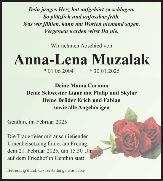 Traueranzeige von Anna-Lena Muzalak von Volksstimme Burg/Genthin