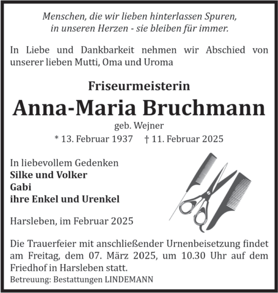  Traueranzeige für Anna-Maria Bruchmann vom 22.02.2025 aus Volksstimme Halberstadt