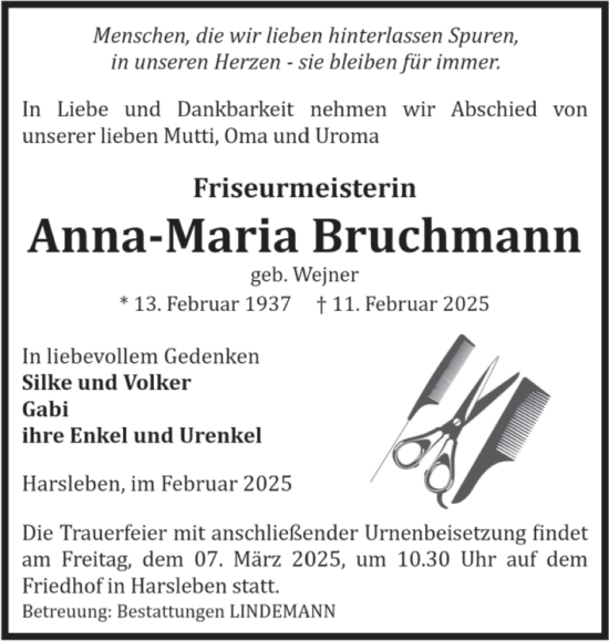 Traueranzeige von Anna-Maria Bruchmann von Volksstimme Halberstadt