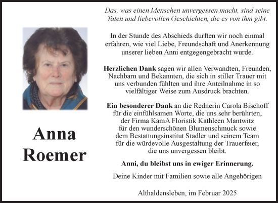 Traueranzeige von Anna Roemer von Volksstimme Haldensleben/Wolmirstedt
