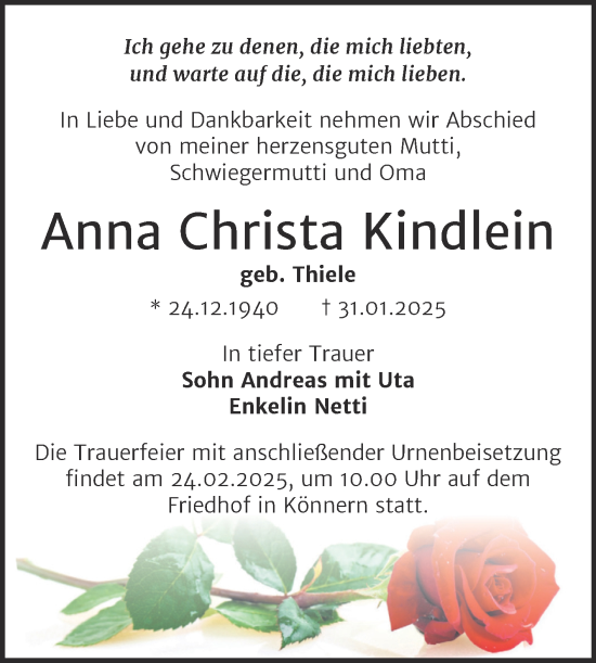 Traueranzeige von Anna Christa Kindlein von Trauerkombi Bernburg