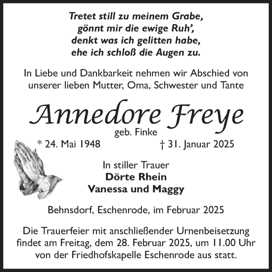Traueranzeige von Annedore Freye von Volksstimme Haldensleben/Wolmirstedt