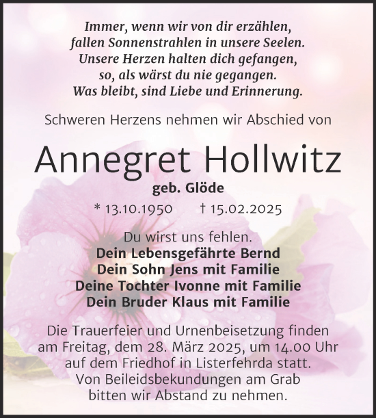 Traueranzeige von Annegret Hollwitz von Trauerkombi Wittenberg