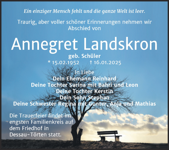 Traueranzeige von Annegret Landskron von Trauerkombi Dessau