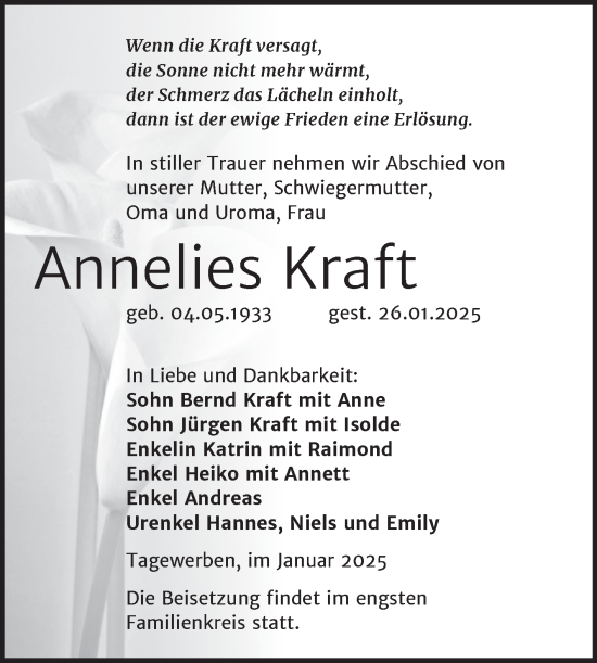 Traueranzeige von Annelies Kraft von Trauerkombi Weißenfels