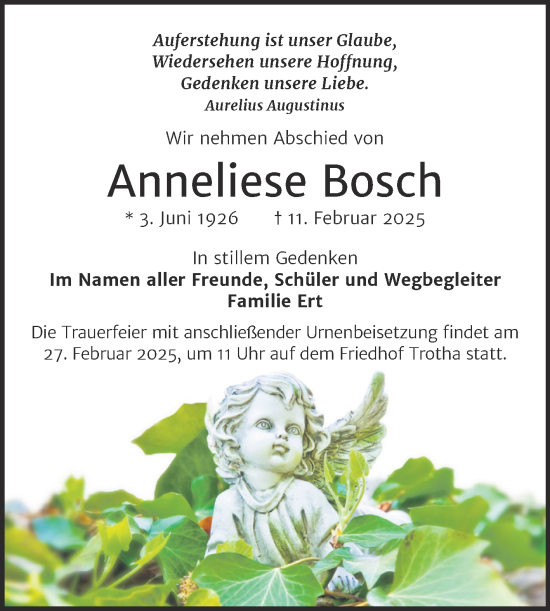 Traueranzeige von Anneliese Bosch von Mitteldeutsche Zeitung Halle/Saalkreis