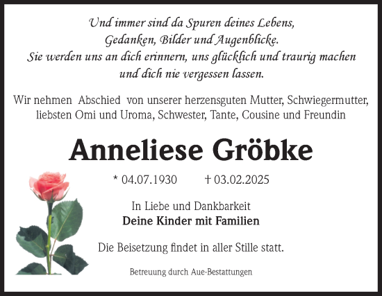 Traueranzeige von Anneliese Gröbke von Volksstimme Magdeburg