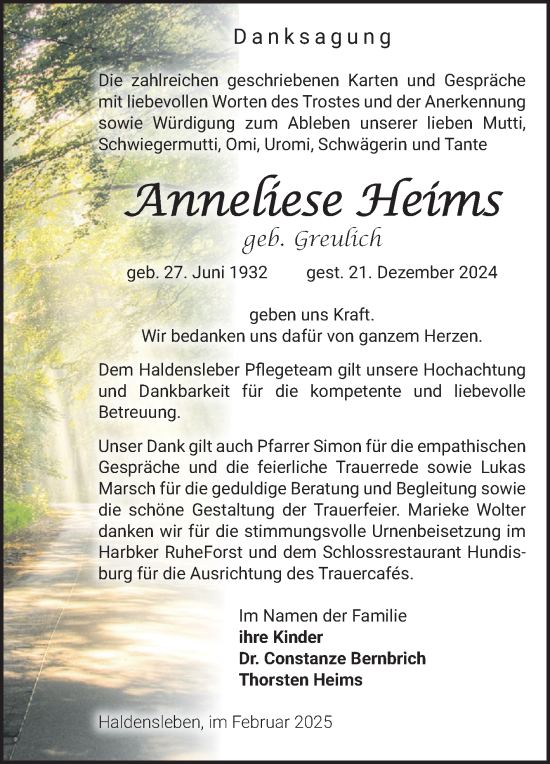 Traueranzeige von Anneliese Heims von Volksstimme Haldensleben/Wolmirstedt