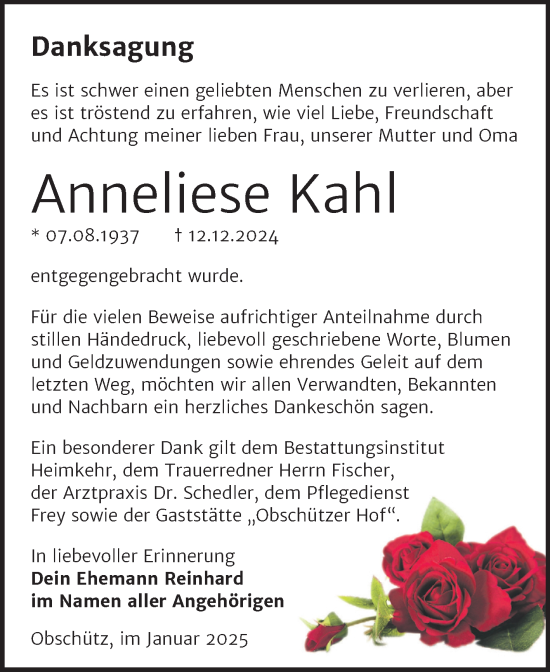 Traueranzeige von Anneliese Kahl von Trauerkombi Weißenfels