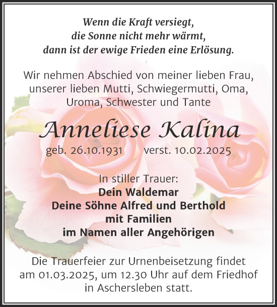 Traueranzeige von Anneliese Kalina von Trauerkombi Aschersleben