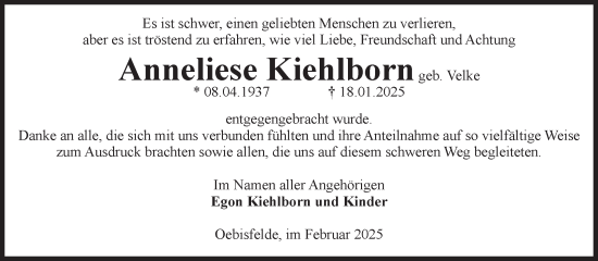 Traueranzeige von Anneliese Kiehlborn von Volksstimme Altmark West