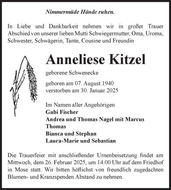 Traueranzeige von Anneliese Kitzel von Volksstimme Haldensleben/Wolmirstedt