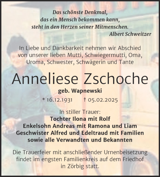 Traueranzeige von Anneliese Zschoche von Trauerkombi Bitterfeld