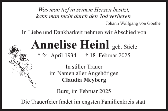Traueranzeige von Annelise Heinl von Volksstimme Burg/Genthin