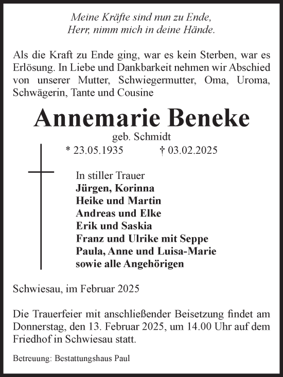 Traueranzeige von Annemarie Beneke von Volksstimme Altmark West