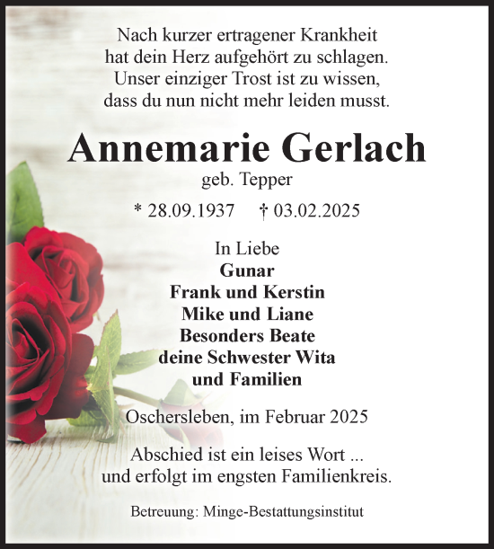Traueranzeige von Annemarie Gerlach von Volksstimme Oschersleben/Wanzleben