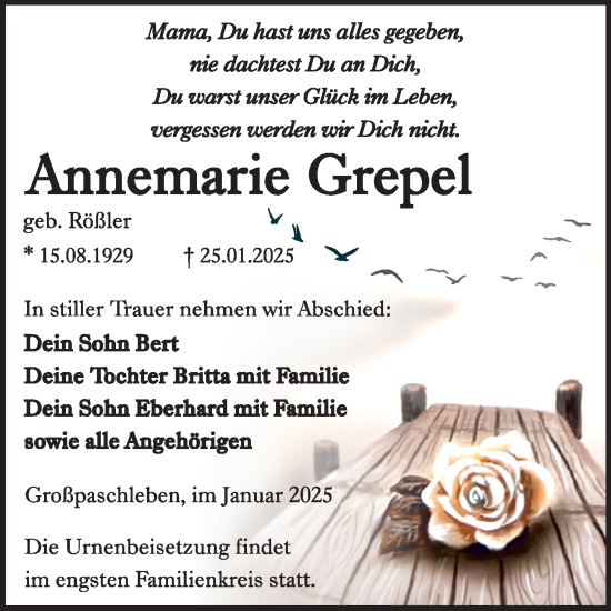 Traueranzeige von Annemarie Grepel von Trauerkombi Köthen