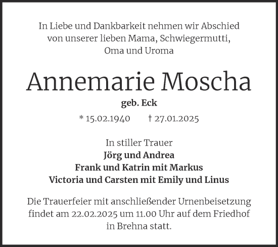 Traueranzeige von Annemarie Moscha von Mitteldeutsche Zeitung Halle/Saalkreis