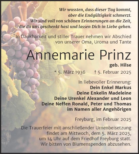 Traueranzeige von Annemarie Prinz von Naumburger Tageblatt