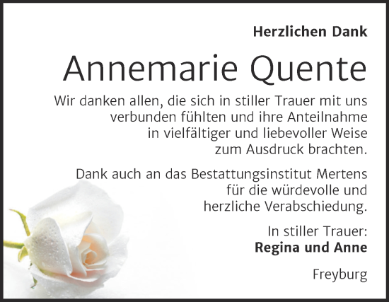 Traueranzeige von Annemarie Quente von Naumburger Tageblatt