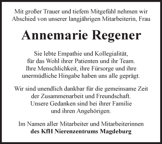Traueranzeige von Annemarie Regener von Volksstimme Magdeburg