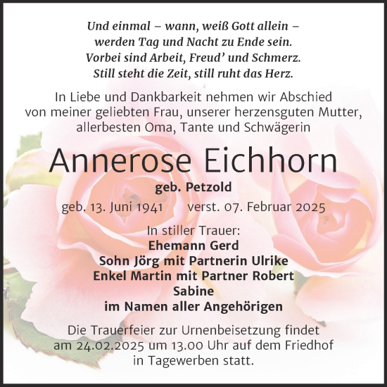 Traueranzeige von Annerose Eichhorn von Trauerkombi Weißenfels