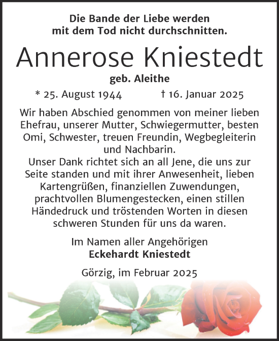 Traueranzeige von Annerose Kniestedt von Trauerkombi Köthen