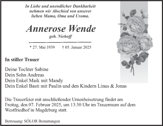 Traueranzeige von Annerose Wende von Volksstimme Magdeburg