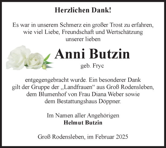 Traueranzeige von Anni Butzin von Volksstimme Oschersleben/Wanzleben