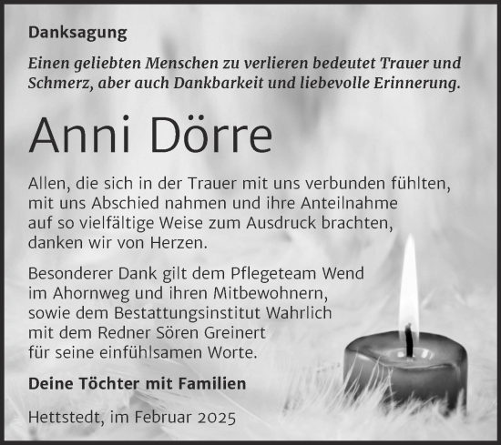 Traueranzeige von Anni Dörre von Trauerkombi Mansfelder Land